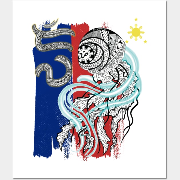 Philippine Flag-Tribal line Art Jellyfish / Baybayin word Diwa (Consciousness) Wall Art by Pirma Pinas